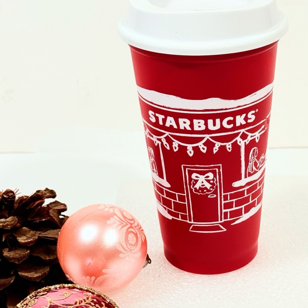 Starbucks Festive Red Tumbler w/ White Holiday Winter Accents Travel Mug Cup NWT